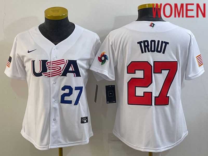 Women 2023 World Cub USA 27 Trout White Nike MLB Jersey4
